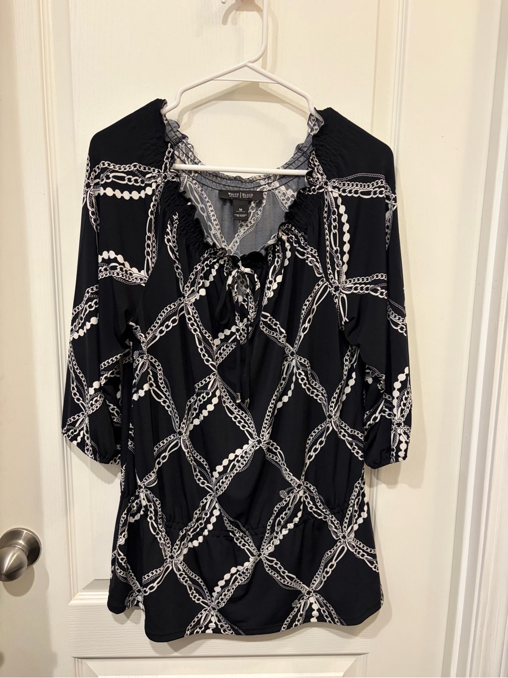 White House Black Market Black and White Chain-Print Top